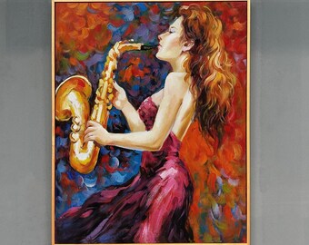 Cuadro al óleo de un saxofonista pintado a mano – Retrato impresionista artesanal.