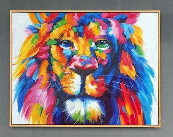 Hand-Painted Impressionist Lion Oil Painting – Colorful Wildlife Art
