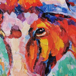 May include: Close-up of a vibrant oil painting of a cow's face. The artwork features thick brushstrokes in shades of red, orange, yellow, blue, and green, creating a textured and expressive effect. The cow's eye is visible.