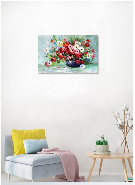 カラフルな花瓶 - キャンバスに描かれた手作りの印象派の花の絵画