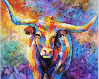 Original Hand Painted Impressionist Texas Longhorn  Cow Oil Painting On Canvas - Multi-colored Animal Art CERTIFICATE INCLUDED