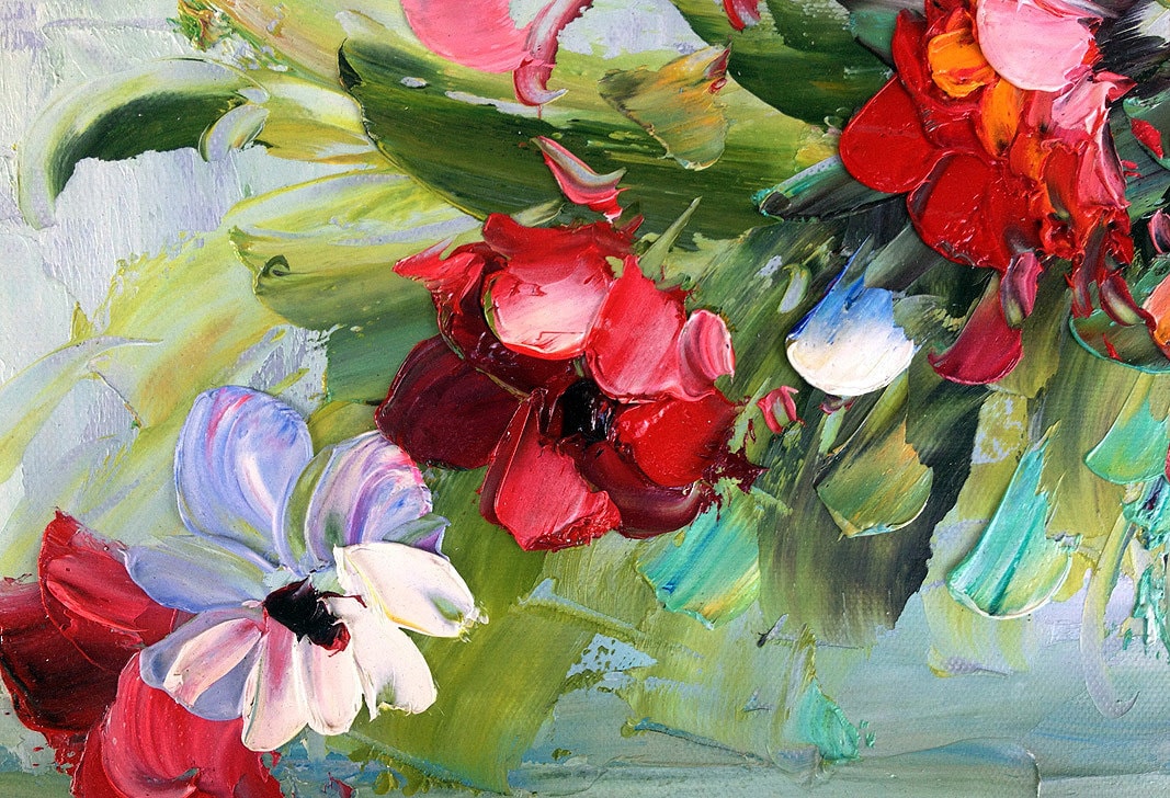 カラフルな花瓶 - キャンバスに描かれた手作りの印象派の花の絵画