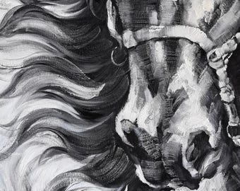 油絵 キャンバス画 馬 モノクロ F8号 オリジナルの手描き抽象馬油絵、モノクロ動物アート、ファームハウス風