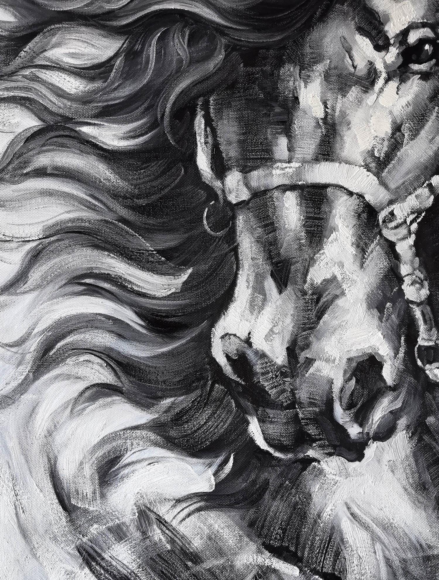 オリジナルの手作り馬の絵画、白黒カラー、印象派の馬のアート