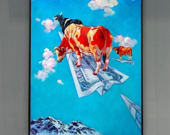 Hand-Painted Flying Bull Oil Painting – Thick Texture Animal Wall Art