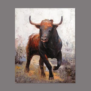 Handmade Charging Bull Oil Painting On Canvas - Contemporary Animal Art Thick Paints Heavy Texture Home Decor Wall Art, Farmhouse Wall Decor