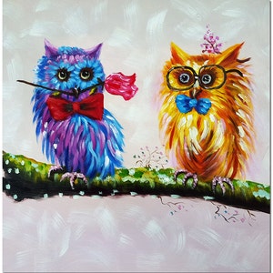 Handmade Owl Oil Painting On Canvas - Multi-colored Bird Art CERTIFICATE INCLUDED