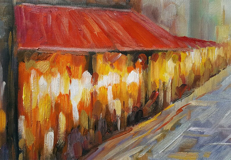 May include: Oil painting of a street scene with a red awning and buildings in warm tones of yellow, orange, and brown. The artwork has a textured, impressionistic style, with visible brushstrokes. A gray street is in the foreground.