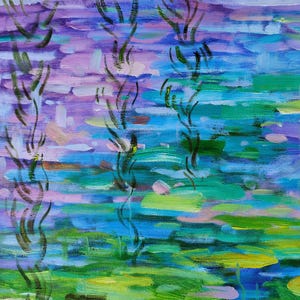 May include: An abstract painting with a water lily pond theme. The artwork features a vibrant mix of blues, greens, purples, and pinks, with vertical plant-like shapes. The brushstrokes create a textured, impressionistic effect, evoking a sense of tranquility.