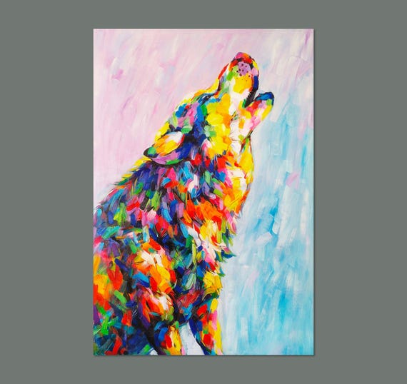 Midnight Howl - Handmade Wolf Painting, Original Vibrant Impressionist Wolf Art, Wilderness Wall Decor, Cabin Decor Rustic