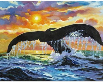 手描きのクジラの尾の油絵 – 色鮮やかな夕焼けの航海アート - Etsy 日本