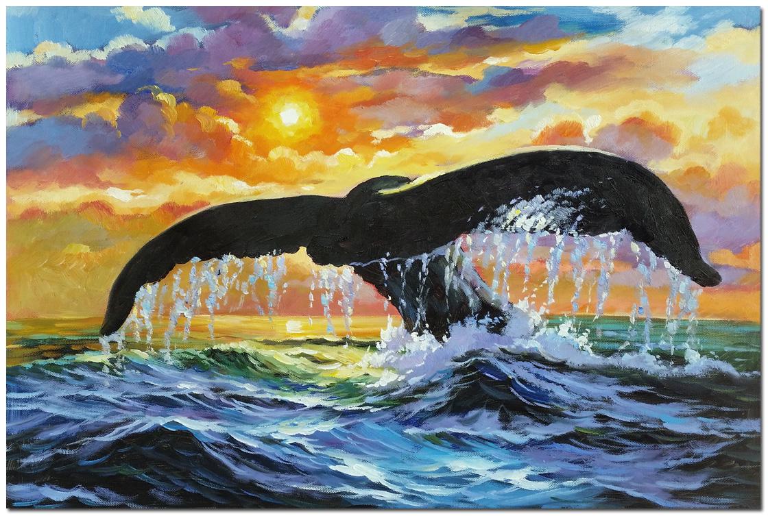 オリジナルのハンドメイドのクジラの油絵 - 夕焼けの風景、マルチ