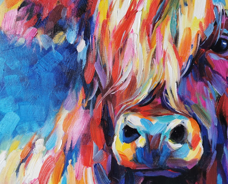 Hand Painted Modern Impressionist Colorful Cow Oil Painting on Etsy