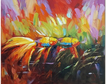 Lovely Goldfish - Hand Painted Palette Knife Impressionist Nautical Fish Oil Painting On Canvas