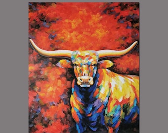 Handmade Texas Longhorn Oil Painting On Canvas - Original Impressionist Multi-colored Cattle Wall Art, Contemporary Cow Home Decor