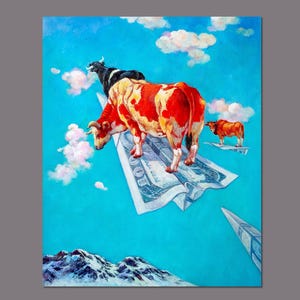 Handmade Flying Bull Painting - Modern Impressionist Bull Cow On Dollar On Canvas - Contemporary Animal Art Thick Paint Texture