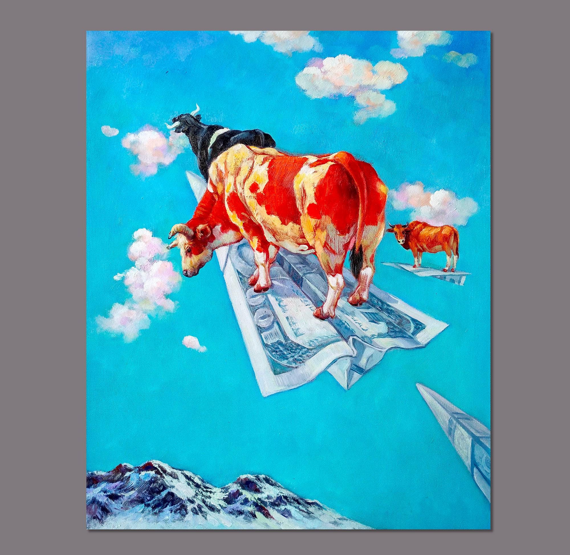 手作りの空飛ぶ雄牛の絵画 - キャンバスに描かれたドル紙幣に描かれた