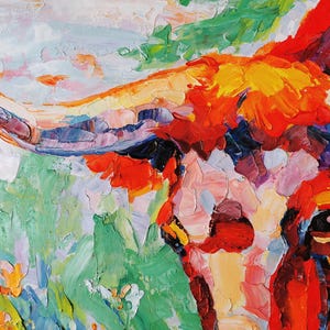 May include: Close-up of a vibrant oil painting depicting a longhorn. The artwork features thick brushstrokes in shades of red, orange, yellow, green, and pink, creating a textured effect. The painting captures the essence of the animal with an impressionistic style.