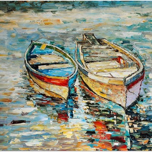Harbored Row Boat - Hand Painted Palette Knife Modern Impressionist Oil Painting On Canvas Thick Paints Heavy Texture