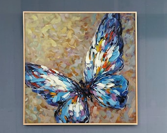 Hand-Painted Blue Butterfly Oil Painting – Textured Impasto Art, Nature Decor