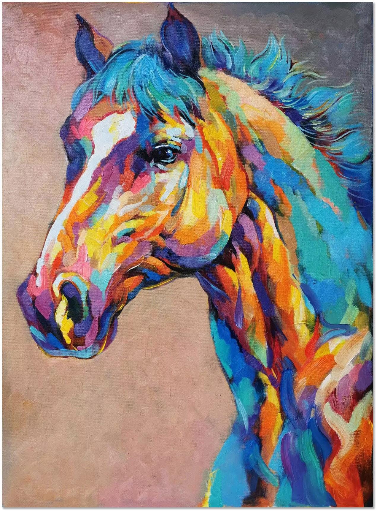 Original Hand-painted Colorful Horse Oil Painting – Textured