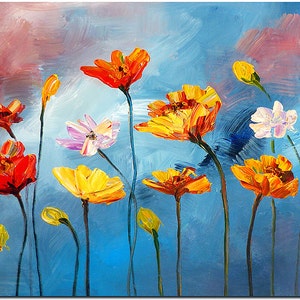 カラフルな花瓶 - キャンバスに描かれた手作りの印象派の花の絵画