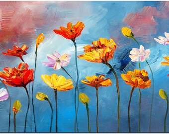 Handmade Garden Flowers Painting On Canvas -  Modern Impressionist Palette Knife Textured Vibrant Floral Fine Art Modern Home Decor