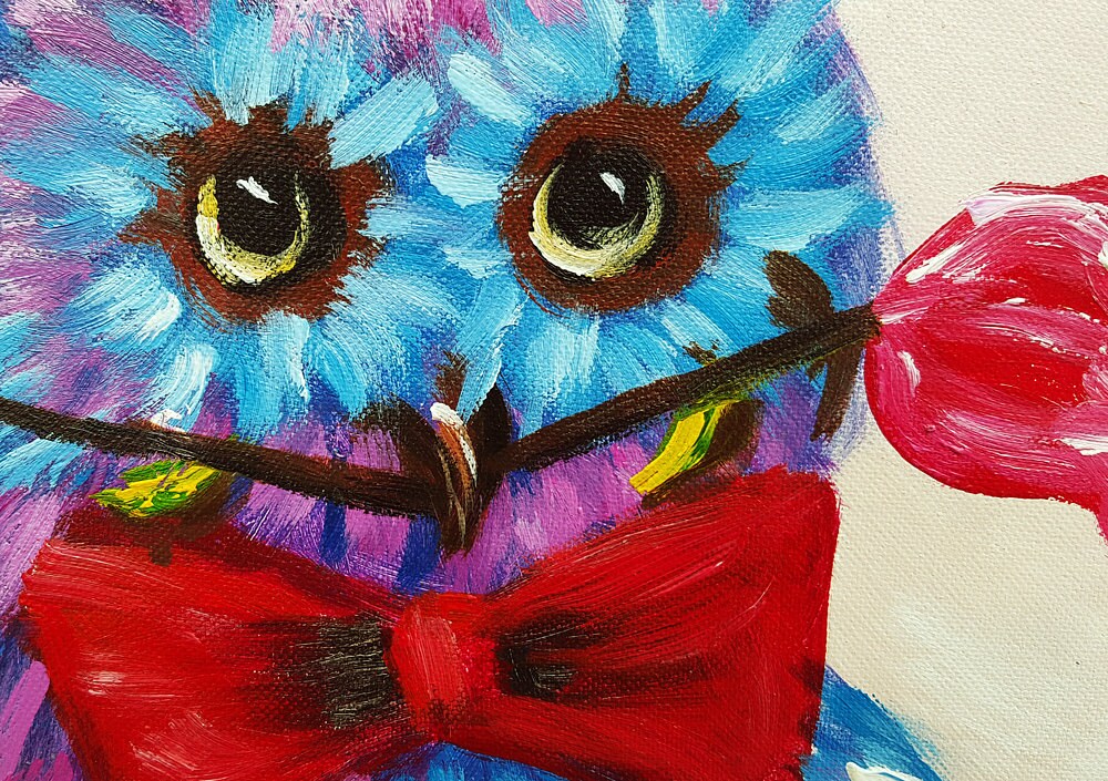 Hand Painted Owl Oil Painting on Canvas Multicolored Bird Etsy