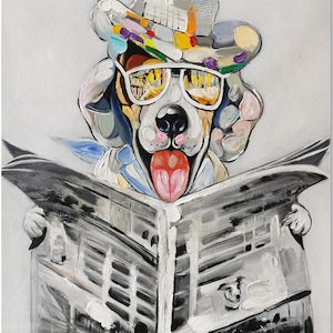 Hand Painted Puppy Oil Painting On Canvas - Contemporary Dog Reading Art Thick Paints Heavy Texture