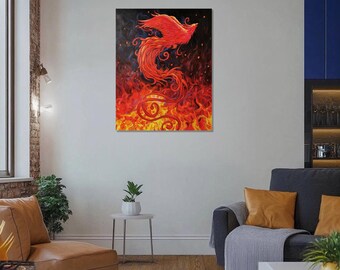 オリジナルのハンドメイドフェニックス絵画、神話の火の鳥の抽象画