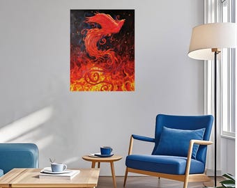 オリジナルのハンドメイドフェニックス絵画、神話の火の鳥の抽象画