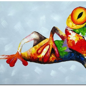 Hand Painted Reclining Frog Oil Painting On Canvas - Colorful Animal Art Thick Paints Heavy Texture CERTIFICATE INCLUDED