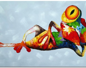 Handmade Reclining Frog Oil Painting On Canvas - Colorful Animal Art Thick Paints Heavy Texture CERTIFICATE INCLUDED