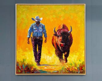 Framed Cowboy and Bison Painting, Hand-Painted Western Impasto Art, 28x28 inches