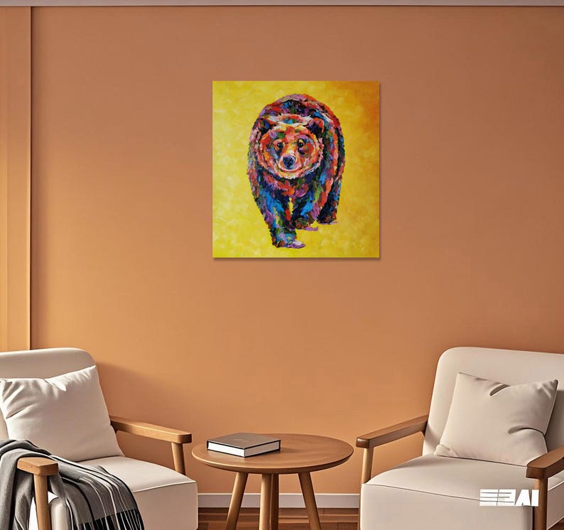 May include: A colorful painting of a bear walking forward, set against a yellow background. The bear is depicted with a vibrant mix of blues, reds, greens, and yellows, creating a textured, artistic effect. The artwork is a square canvas.