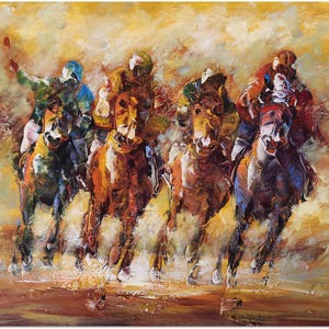 Handmade Palette Knife Horse Racing Painting, Kentucky Derby, Textured Impressionist Equine Art, Modern Equestrian Decor