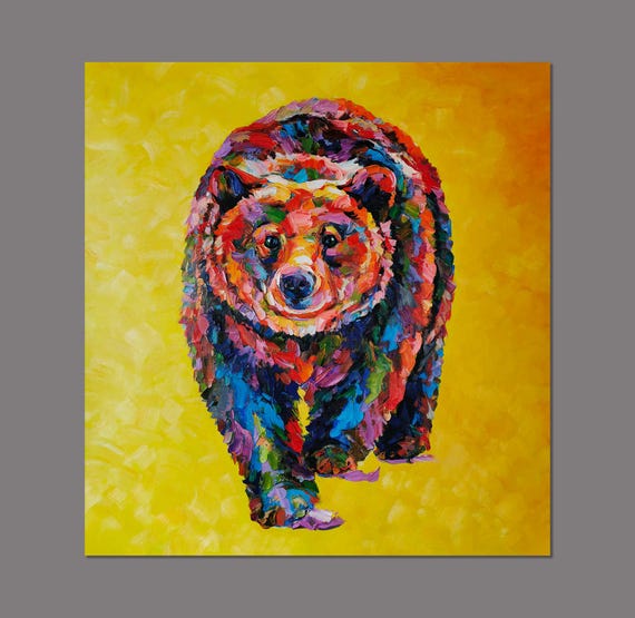 Original Handmade Bear Painting On Canvas - Majestic Forest Bear Impressionist Palette Knife Art, Thick Impasto Animal Canvas, Rustic Wall