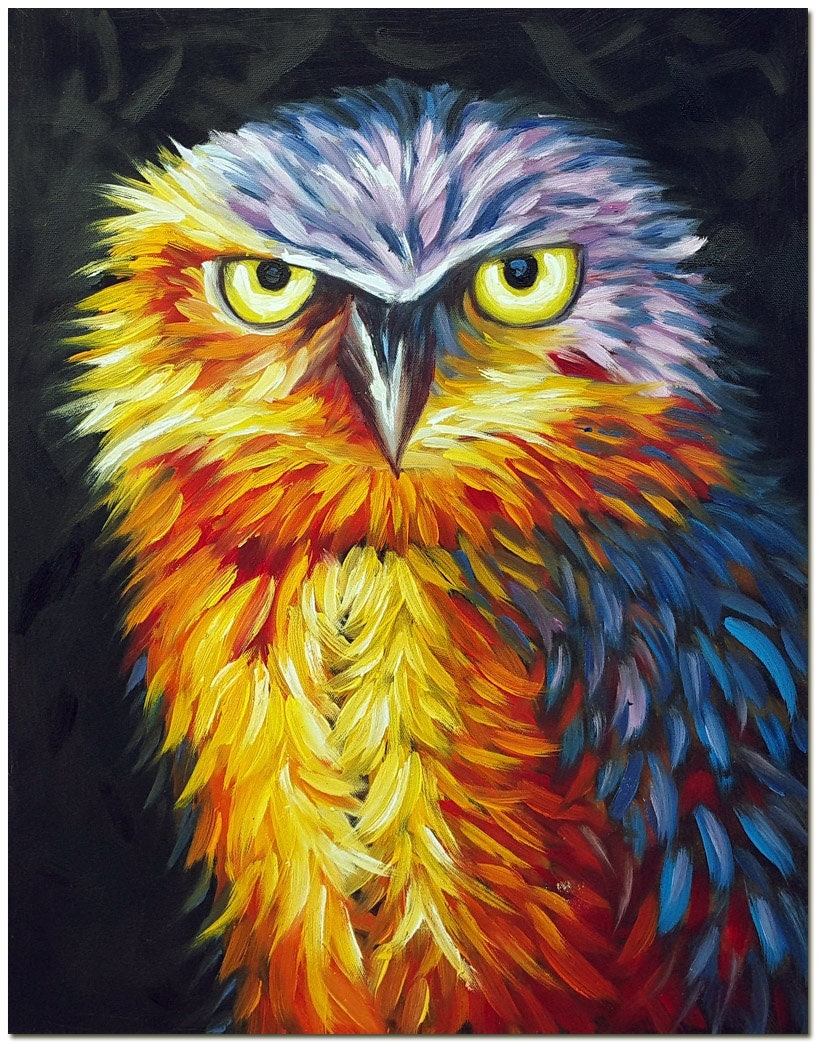 Handmade Impressionist Owl Oil Painting On Canvas - Multi-colored Bird Art CERTIFICATE INCLUDED