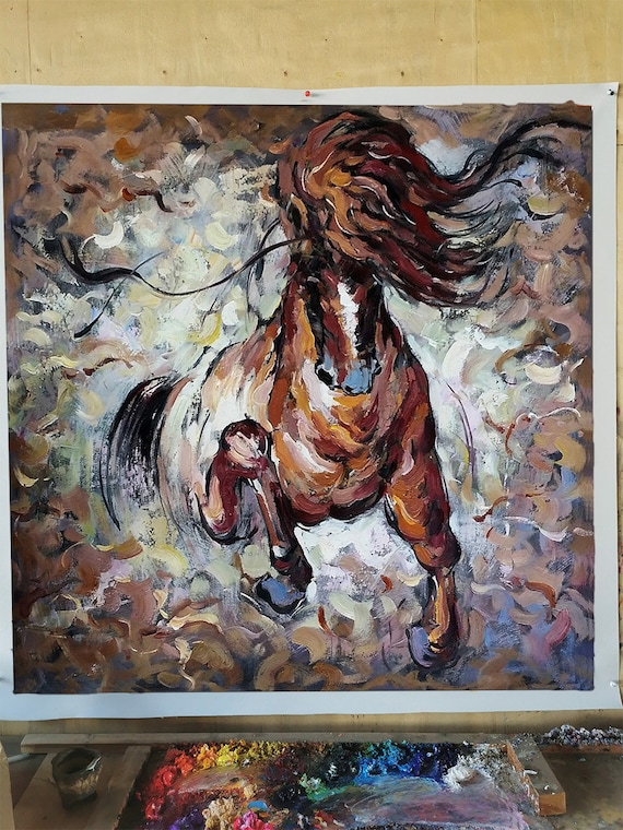 ハンドメイドのモダン抽象馬油絵キャンバス動物アート証明書付き