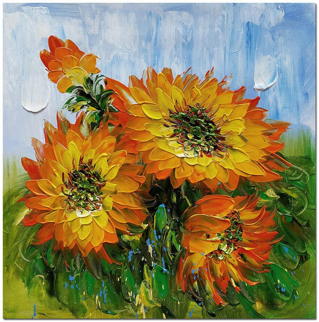 Hand Painted Sunflower Flower Oil Painting on Canvas Thick Paints Heavy