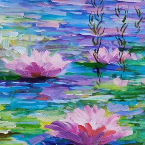 Hand-Painted Water Lilies Oil Painting – Impressionist Pond Landscape Art image 4