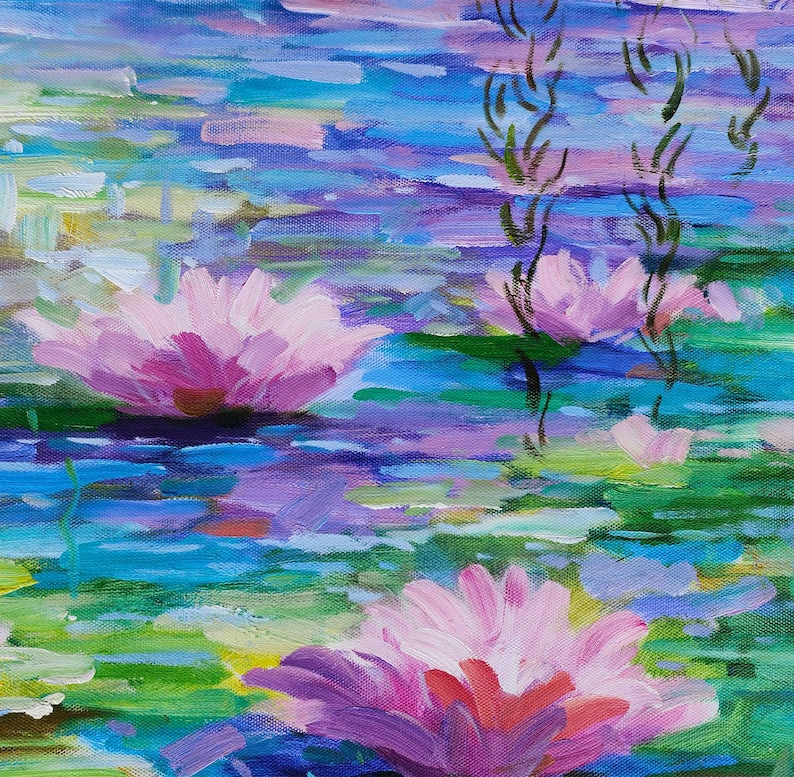 Hand-Painted Water Lilies Oil Painting – Impressionist Pond Landscape Art image 4