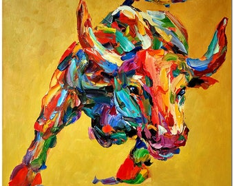 Original Hand Painted Palette Knife Impressionist Bull Oil Painting On Canvas - Modern Multi-colored Animal Art Thick Paints Heavy Texture