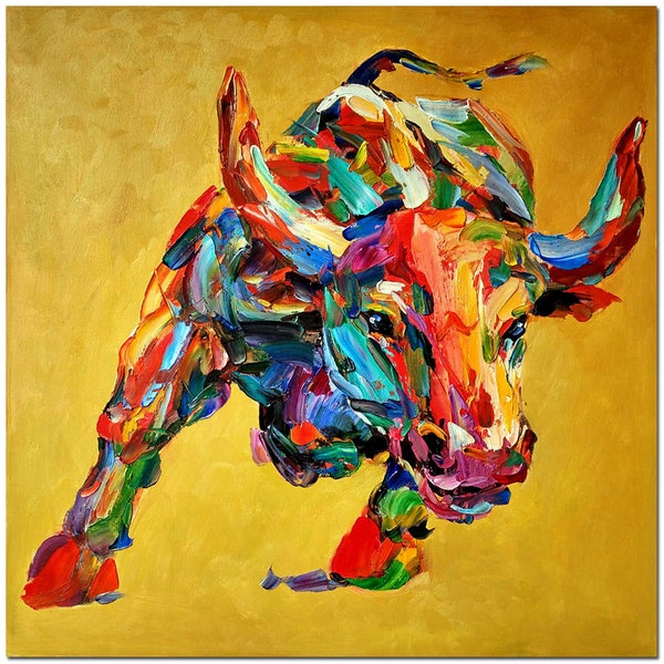 Original Hand Painted Palette Knife Impressionist Bull Oil Painting On Canvas - Modern Multi-colored Animal Art Thick Paints Heavy Texture