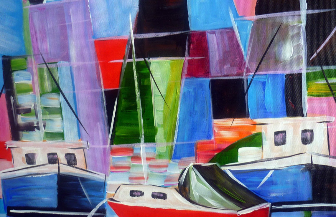 Hand Painted Abstract Colorful Riverside Scene Oil Painting On Etsy