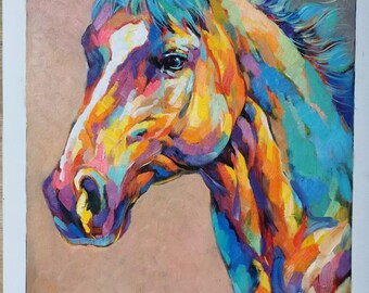 Original Hand-painted Colorful Horse Oil Painting – Textured