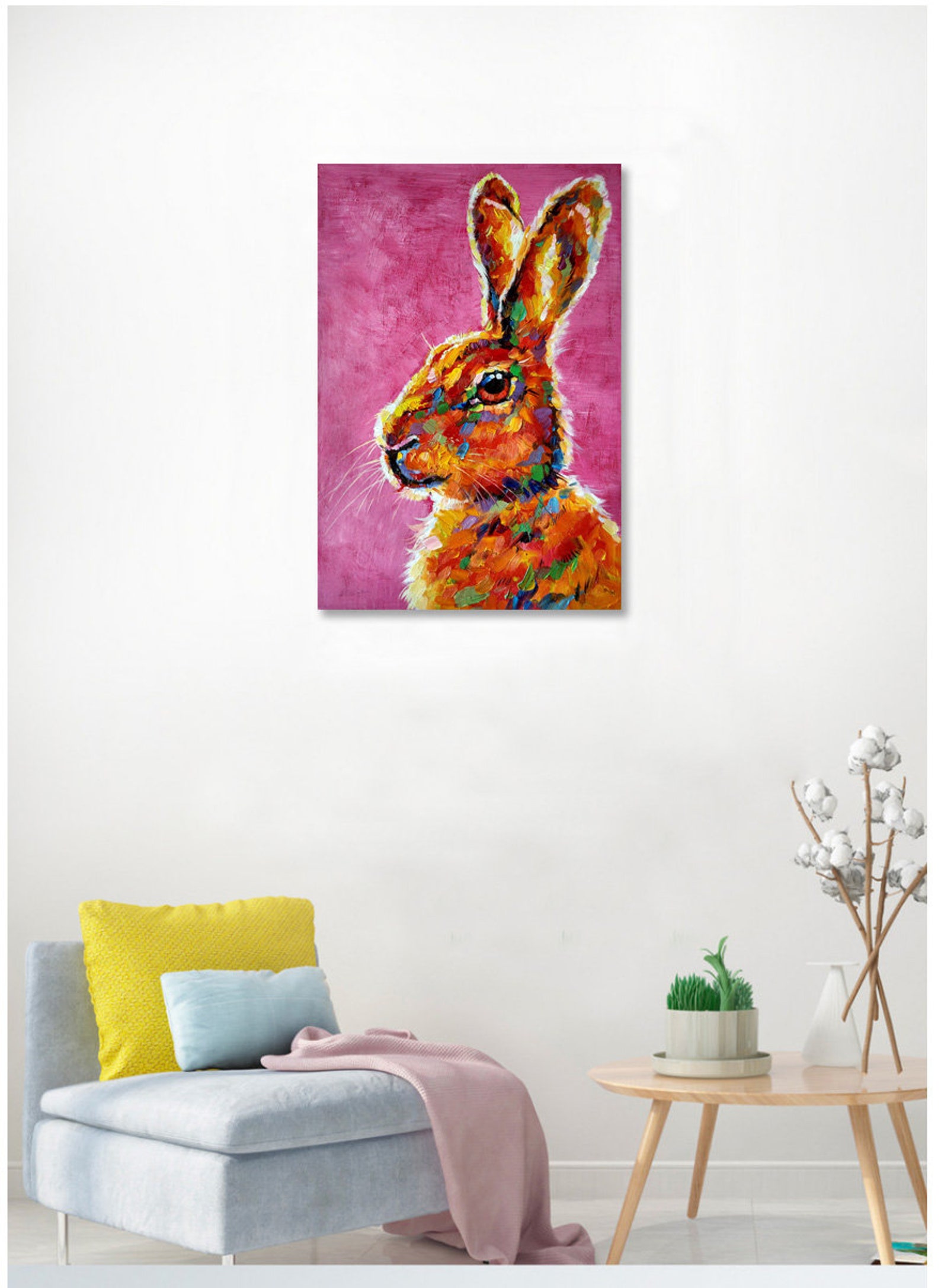 Hand Painted Rabbit Bunny Oil Painting on Canvas Modern | Etsy