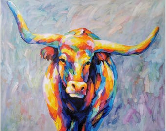 Original Impressionist Texas Longhorn Painting On Canvas - Handmade Multi-colored Animal Art, Gray Background, Texas Themed Decor