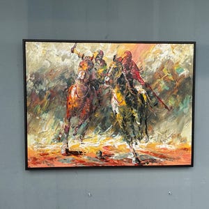 Framed Handmade Polo Painting 32x24&quot;, Pallete Knife Textured Impressionist Wall Art  Read to Hang, Fast Shipping from Los Angeles