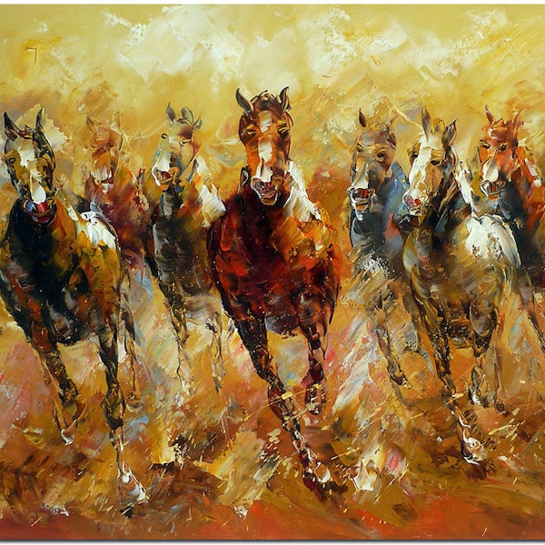 Running Horses - Hand Painted Modern Impressionist Horse Painting On Canvas Thick Paints Heavy Texture CERTIFICATE INCLUDED